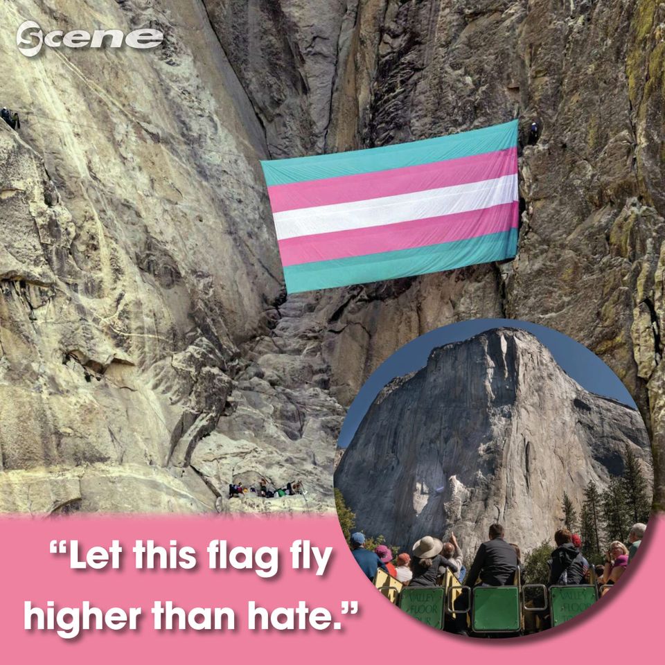 Trans Is Natural, a coalition of trans, queer and ally climbers, unfurled a huge Trans Pride flag in the middle of the El Capitan rock formation