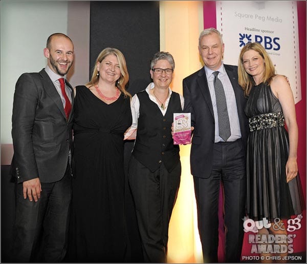 Photo Chris Jepson: (Left to right) Stonewall Corporate Account Manager Tom Woodward, Director of Fundraising Catherine Bosworth, trustee Rachel Harper, Chief Executive Ben Summerskill and awards host Sophie Ward