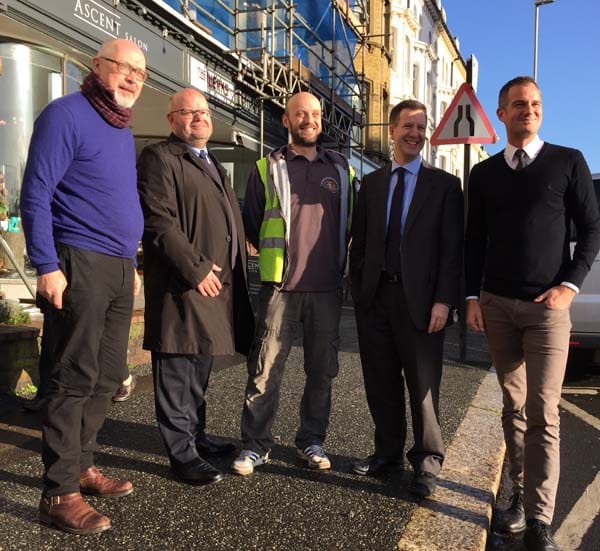 From left to right: Ian Elwick (Director of the Werks), Councillor Warren Morgan (Leader of the Labour Group), Paul Schaefer (apprentice electrician), Chris Leslie MP and Peter Kyle.