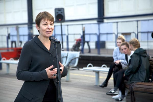 Caroline Lucas speaking at Brighton Station