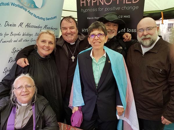 From L to R: Rev Denise Mascherpa (The New Christian Spiritualist Society), Rev Karen Barker (Also from NCSS), Pastor Andrew Ramage (MCC Brighton), Rabbi Elizabeth Tikvah Sarah (Progressive Synagogue), Robin Taylor (Chairman of the Pagan Federation in Brighton and Wiccan), Rev Michael Hydes (The Village MCC)