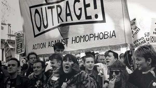 Peter Tatchell and Lisa Power march with Outrage in London in 1988.