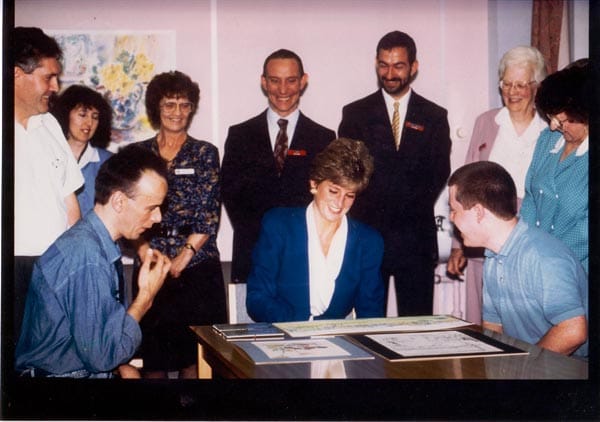 Second official visit to Mildmay when Princess Diana met Kevin and he presented her with some of his own water colours