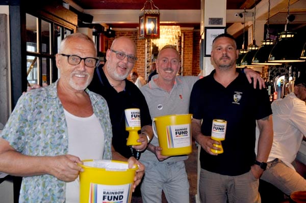Pictured left to right: Chris Gull Chair of Rainbow Fund, Chris Stringer from Christopher Stringer Funeral Directors, Danny Dwyer and Ben Williams manager of the Camelford Arms