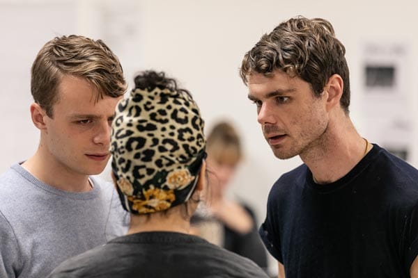 Luke Thallon, Matthew Needham and Isabella Laughland in rehearsal for COCK by Mike Bartlett: Photo Richard Davenport