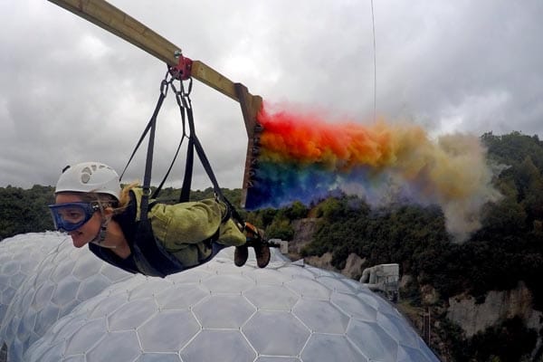 Rainbow trail on the SkyWire above the Biomes heralds Proud Eden on Saturday, September 29