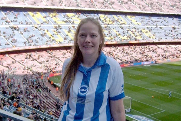 Jill Howell repping for the Seagulls at FC Barcelona’s stadium, the Nou Camp.