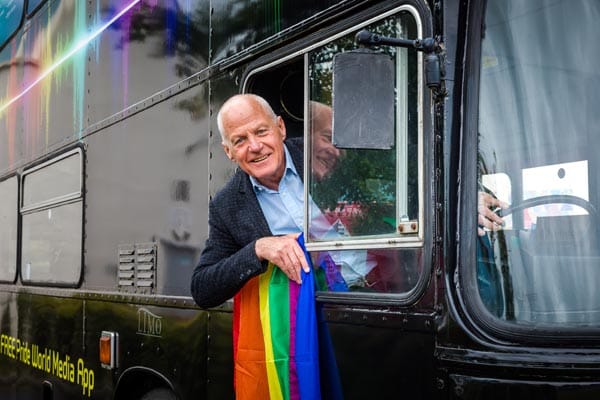 Lord Cashman CBE on the Pride bus