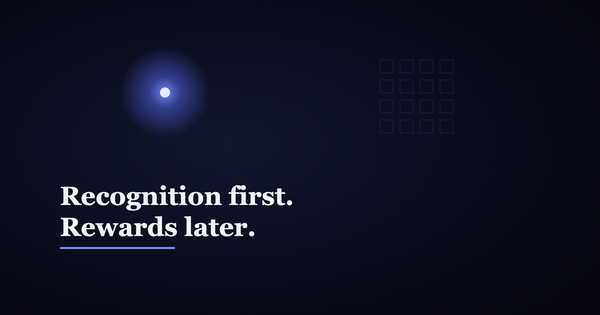 A single lit point in a dark field, with a faint unlit grid of squares nearby, and the line "Recognition first. Rewards later."
