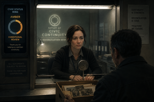 A weary female civic worker sits behind a glass service window facing a man holding a box of family photographs and documents.