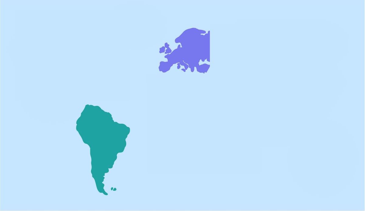 A map of the world with every continent except Europe and South America removed.