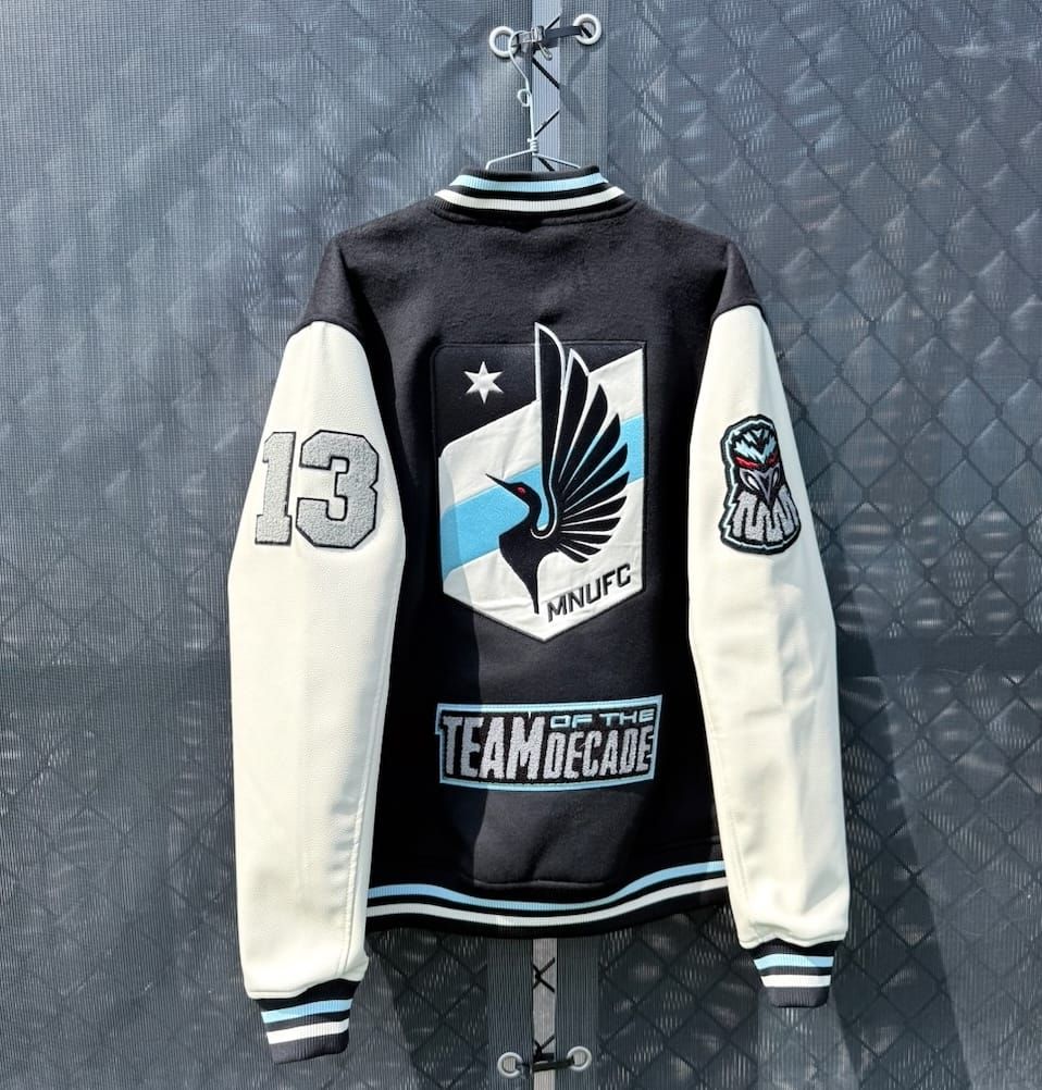 A picture of the definitely-not-a-letter-jacket jacket given to members of the MNUFC Team of the Decade. 