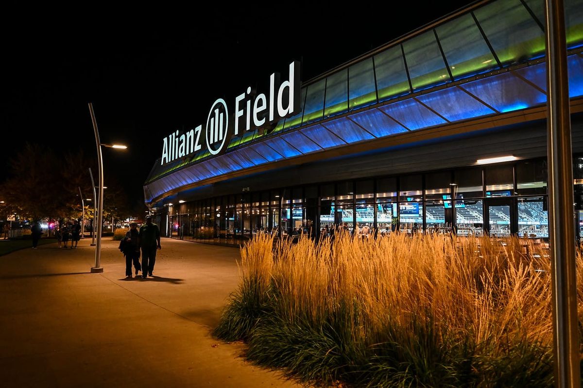 The north end of Allianz Field, exterior shot, at night. Image credit: Dan Mick