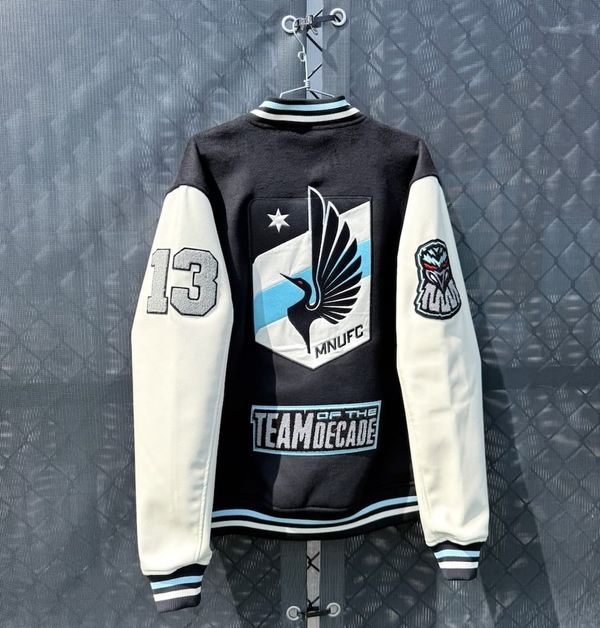 A picture of the definitely-not-a-letter-jacket jacket given to members of the MNUFC Team of the Decade. 