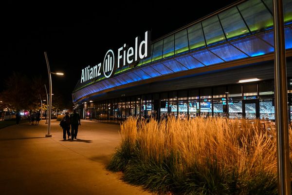 The north end of Allianz Field, exterior shot, at night. Image credit: Dan Mick
