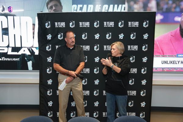 Christina Hennington answering questions, with Loons play-by-play announcer Dan Terhaar. Image credit: Minnesota United FC