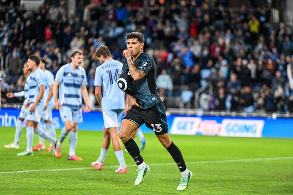 Anthony Markanich celebrates scoring against Sporting Kansas City, and celebrates his upcoming addition to his family at the same time. Image credit: Daniel Mick