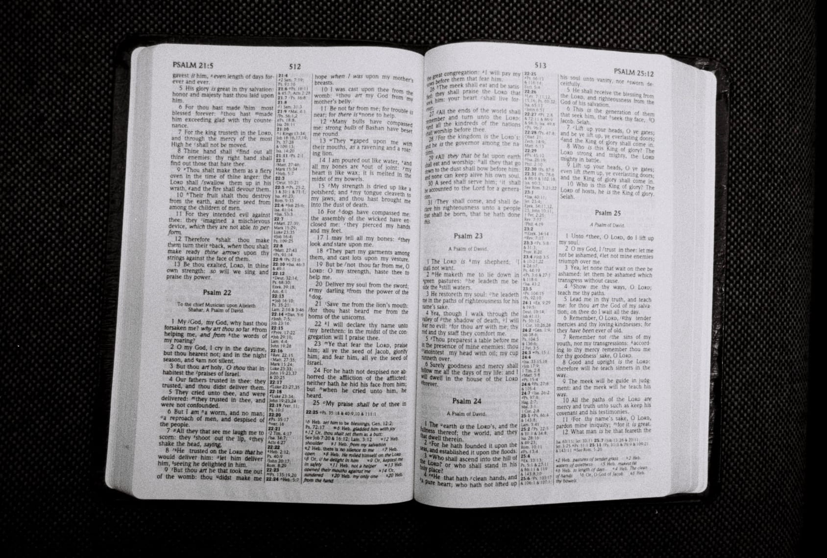 Black-and-white close-up of an open Bible showing pages from Psalms 21 to 25.