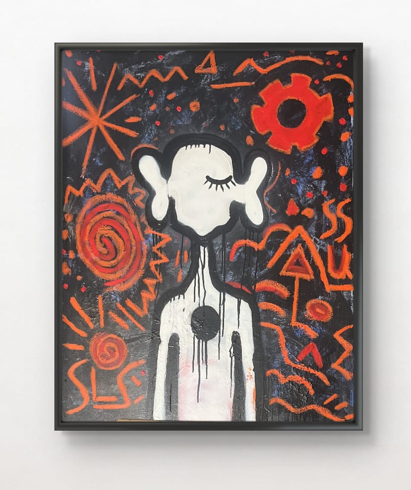 Abstract painting of a white, elongated figure with a circular chest symbol, surrounded by orange spirals, shapes, and markings on a dark background.