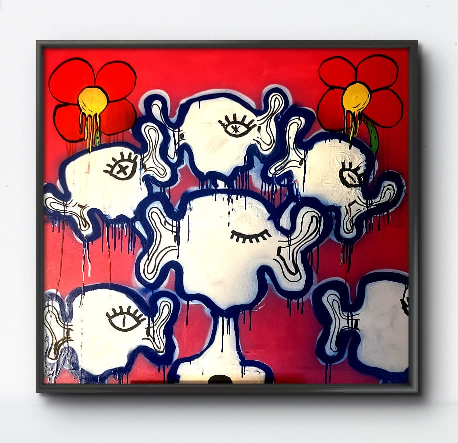 Abstract painting featuring multiple white, cartoon-like faces outlined in blue, with two red flowers against a bright red background.