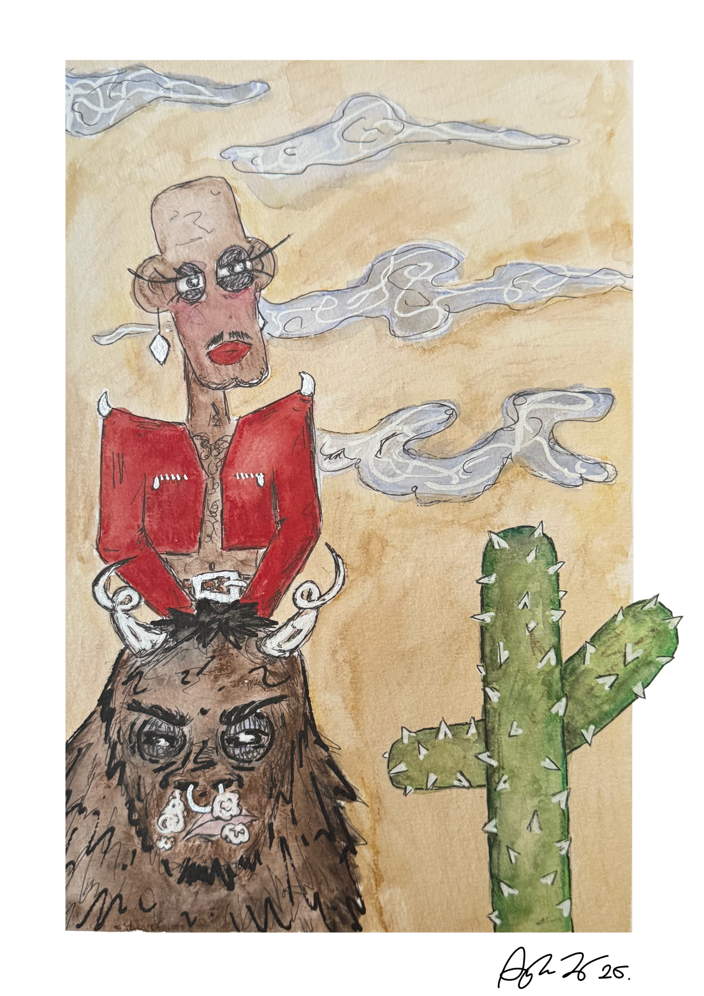 A painting of a drag queen riding a bull in full makeup and a cropped red leather jacket