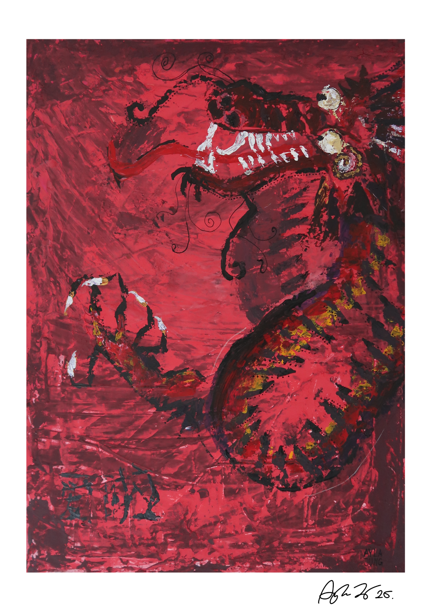 A dragon painted on a red background 