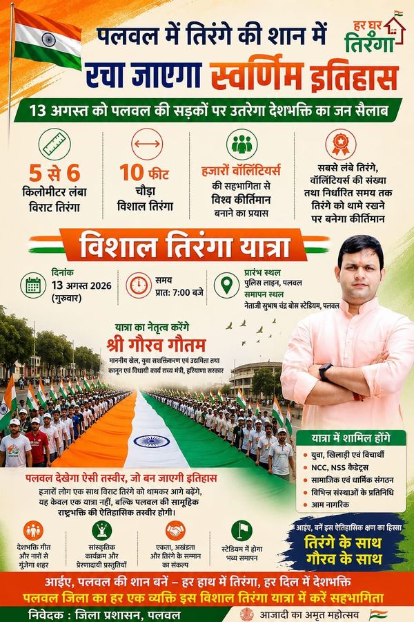 13 अगस्त को पलवल की सड़कों पर उतरेगा 5 किलोमीटर लंबा व 10 फीट चौड़ा विराट तिरंगा