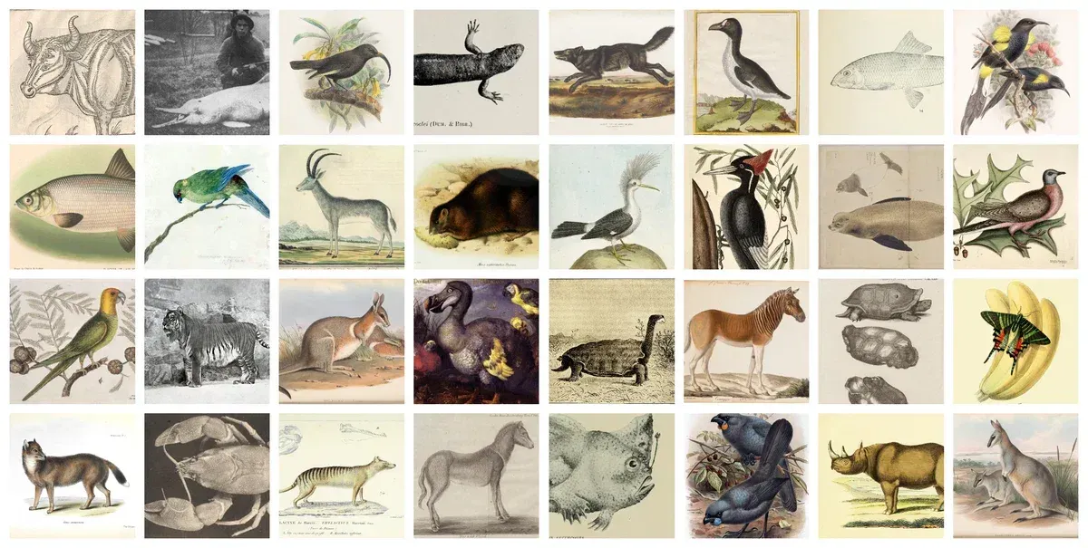 a banner featuring 32 public domain illustrations of extinct animals