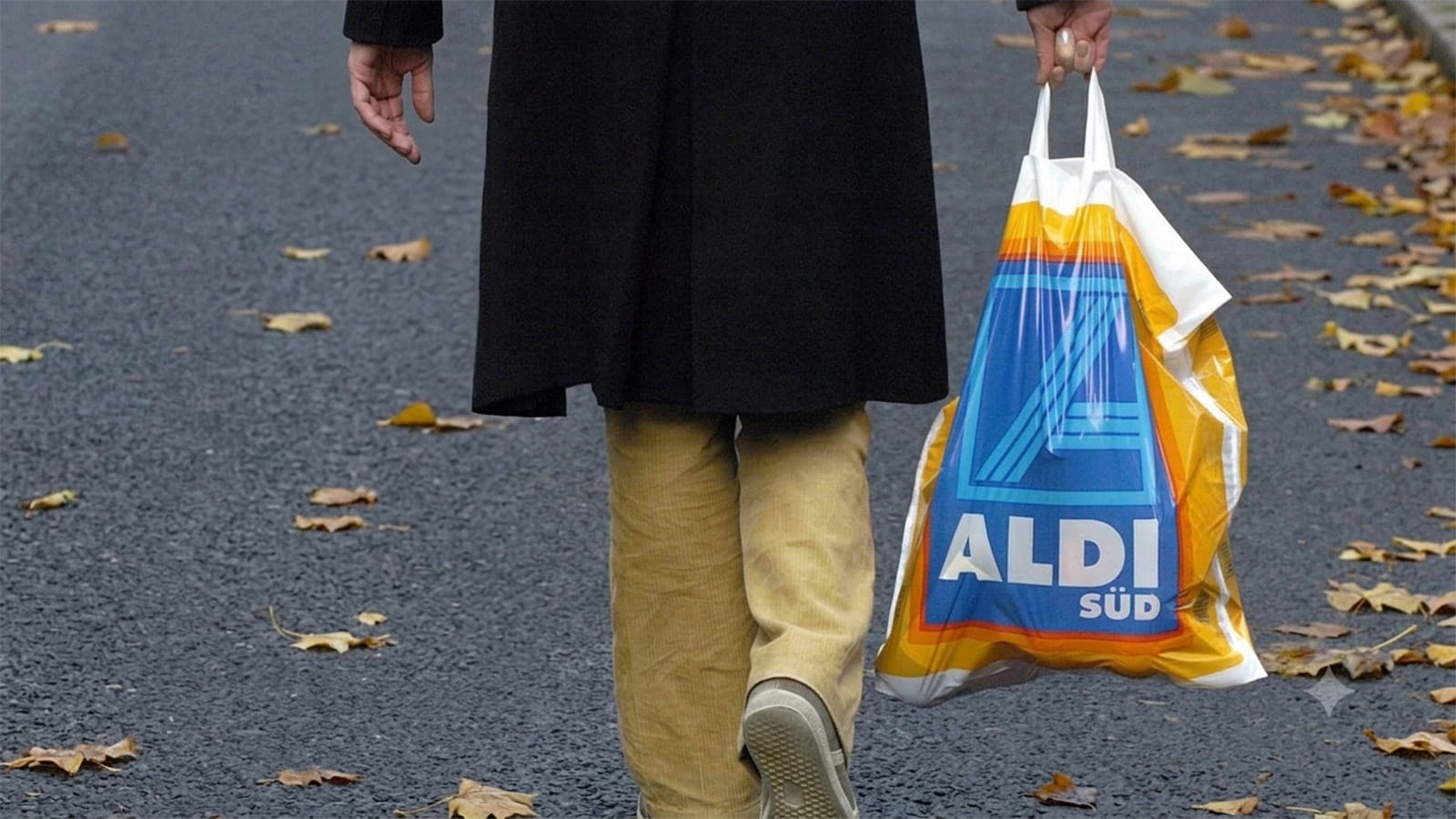 A person carries an Aldi shopping bag along a street
