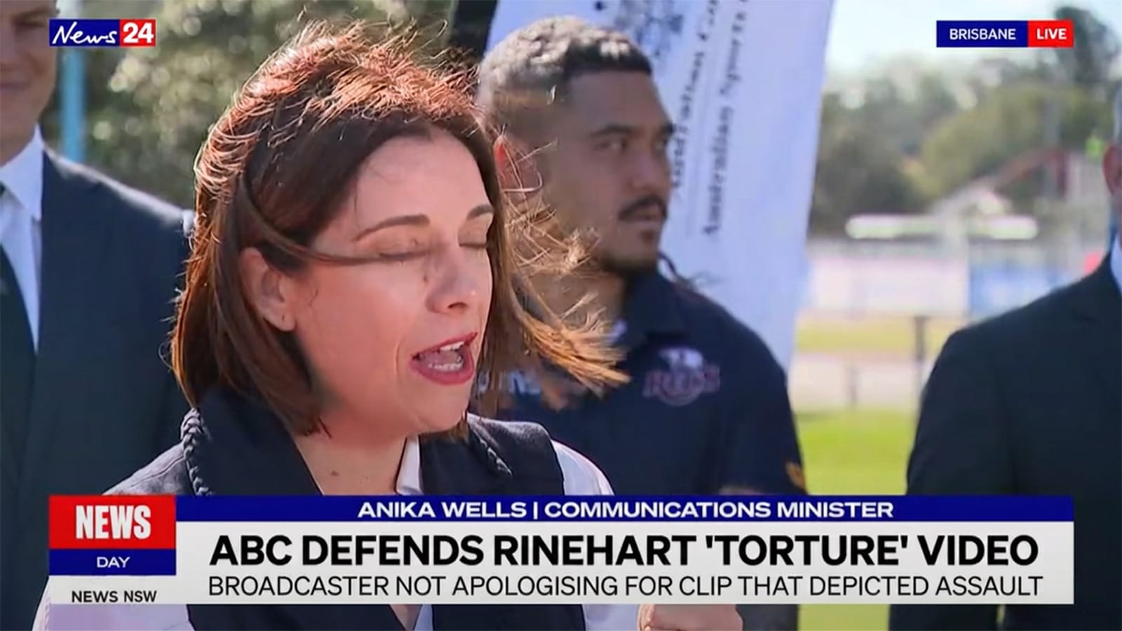 News24 graphic showing Anika Wells, Gina Rinehart and a rooftop video still.