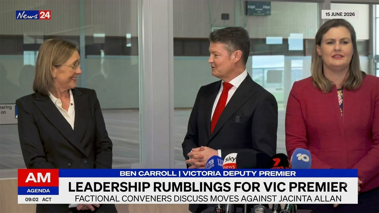 Jacinta Allan smiling at Ben Carroll during a June press conference