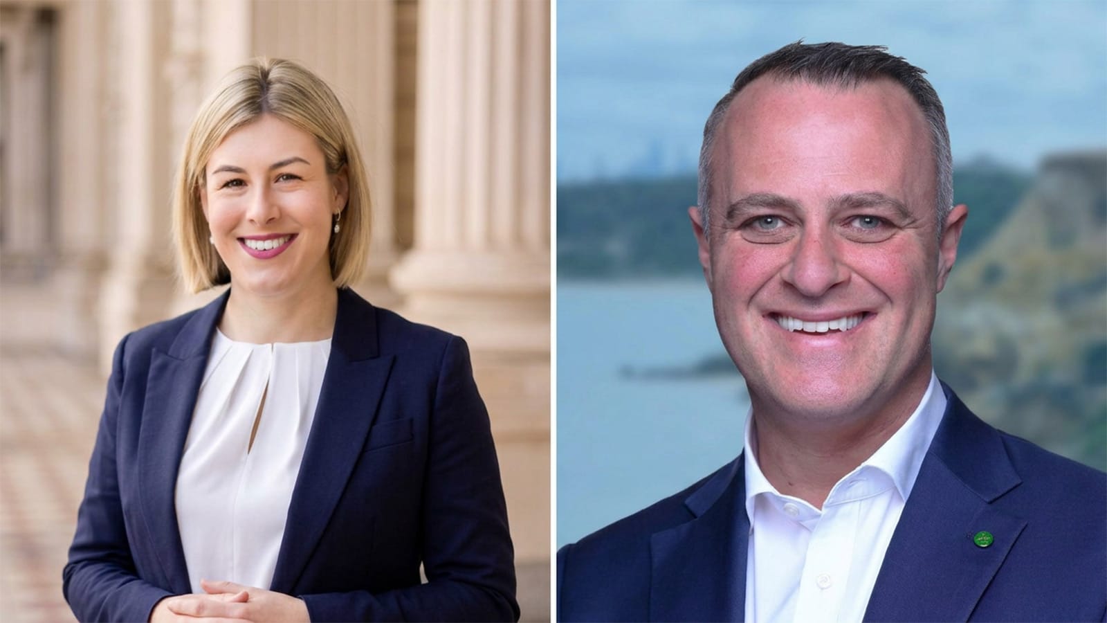 Jess Wilson and Tim Wilson in official portrait photos side by side
