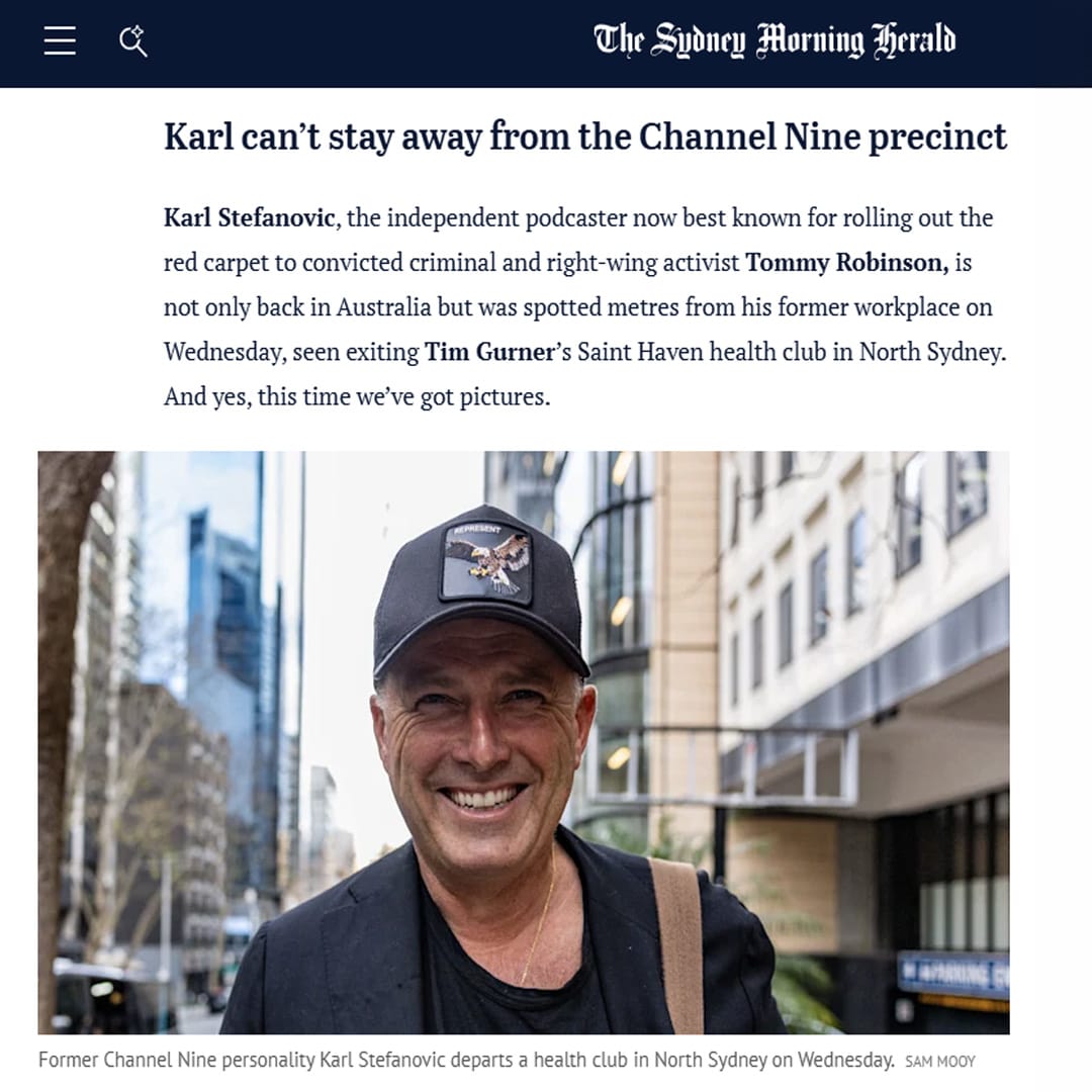 Sydney Morning Herald article with stakeout photo of Karl Stefanovic