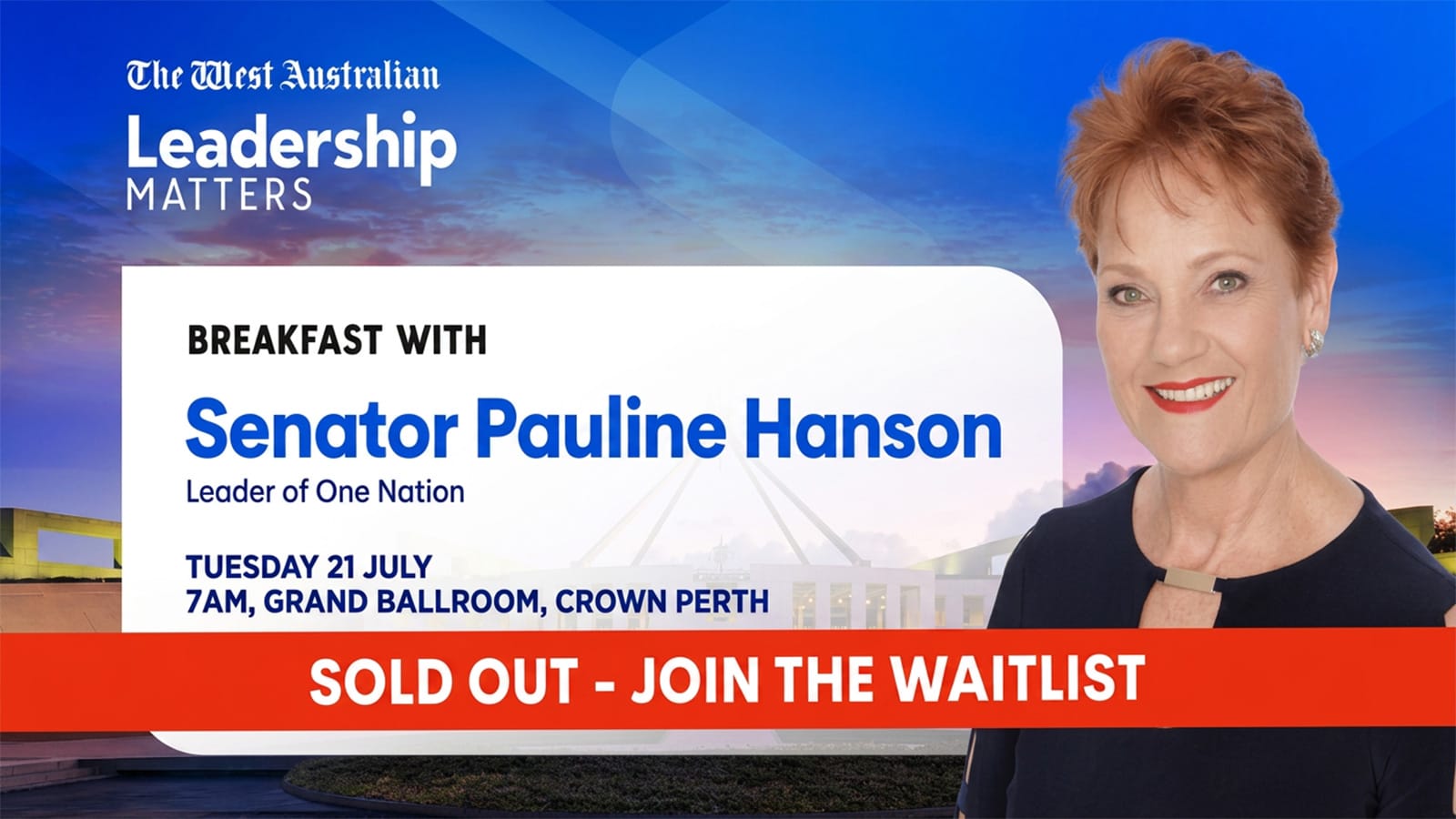 Leadership Matters breakfast promotional banner featuring Senator Pauline Hanson