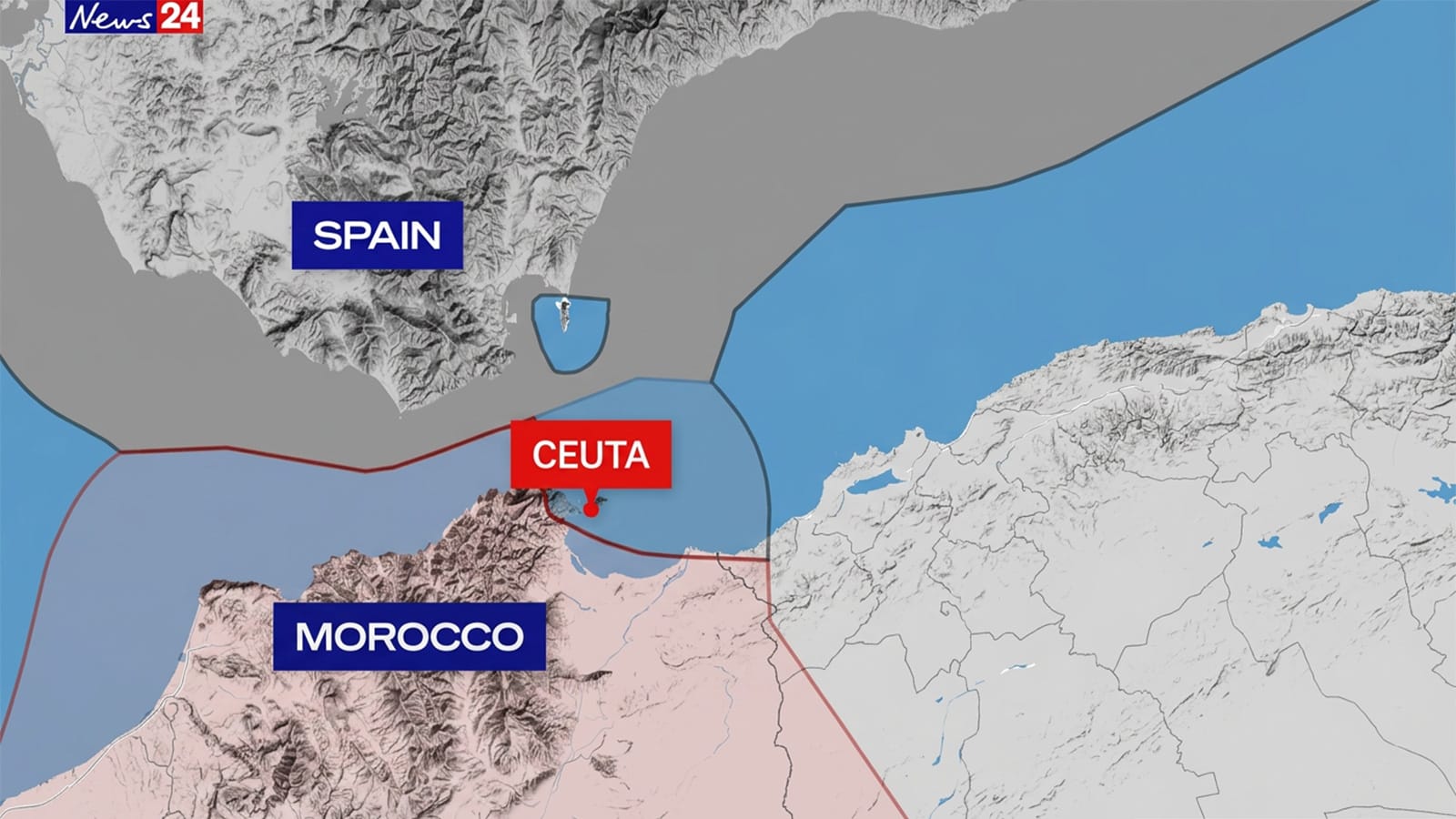 Map showing Ceuta on the Moroccan coast opposite mainland Spain.