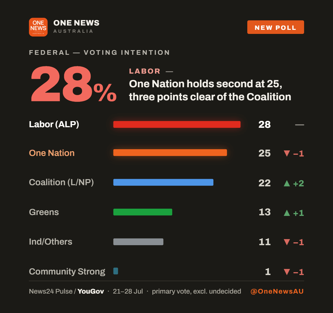 Chart of primary votes, Labor 28%, One Nation 25%, Coalition 22%, Greens 13%