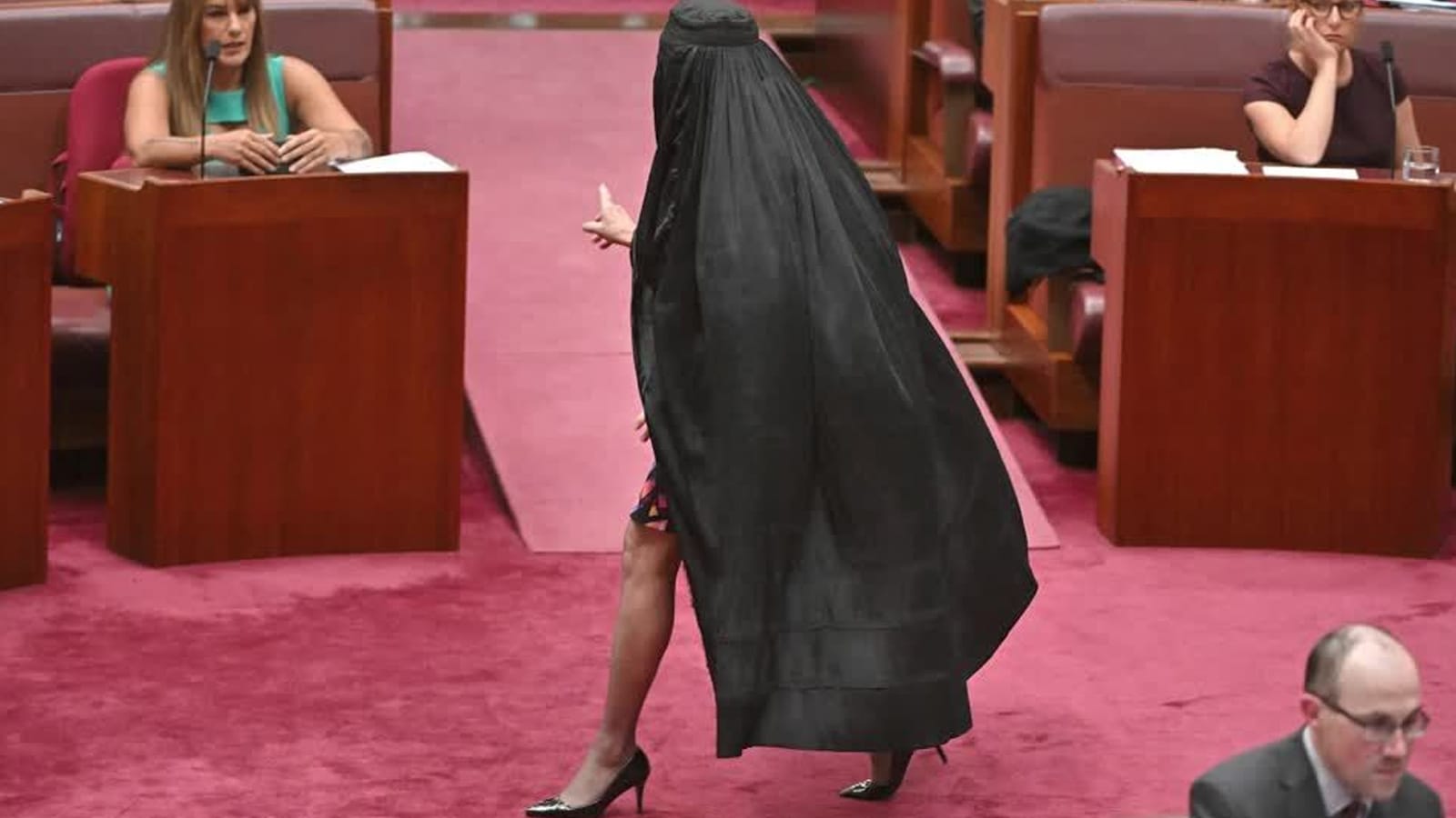 Pauline Hanson wearing a burqa in the Senate chamber in 2017