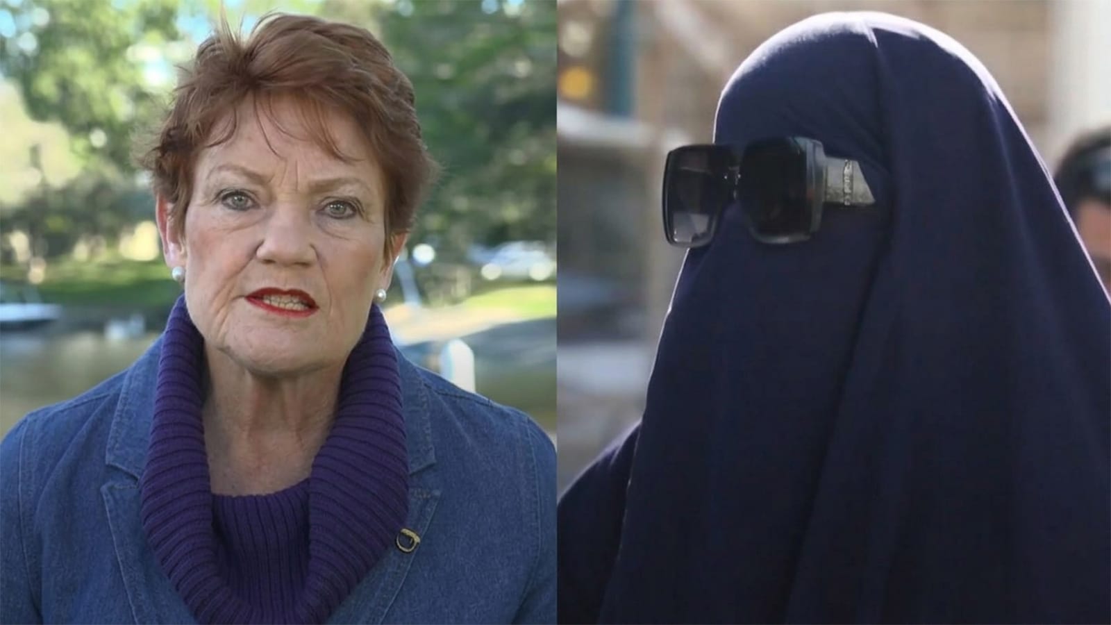 Split image of Senator Pauline Hanson and a woman wearing a niqab and sunglasses