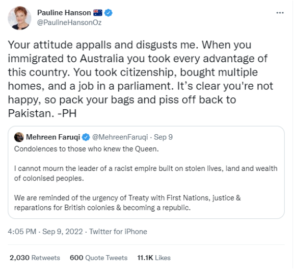 Screenshot of Pauline Hanson's September 2022 reply to Mehreen Faruqi on X