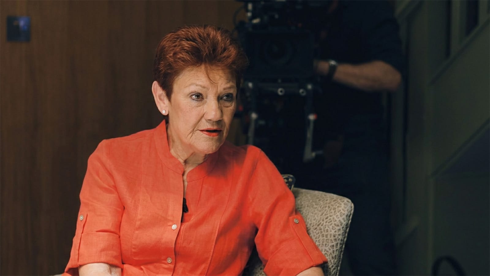 Pauline Hanson speaking with Tommy Robinson during their podcast interview.