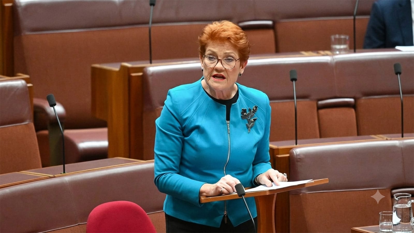 Pauline Hanson speaking at a lectern in the Senate chamber
