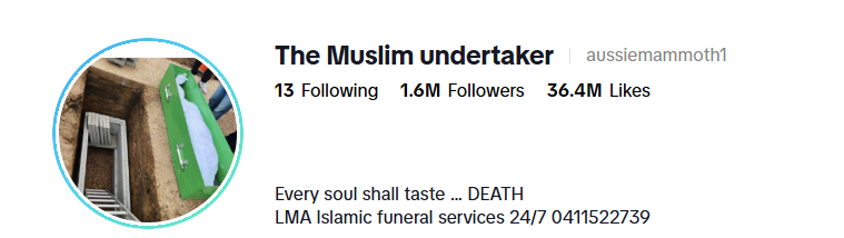 TikTok profile header for The Muslim undertaker, aussiemammoth1, showing 1.6 million followers