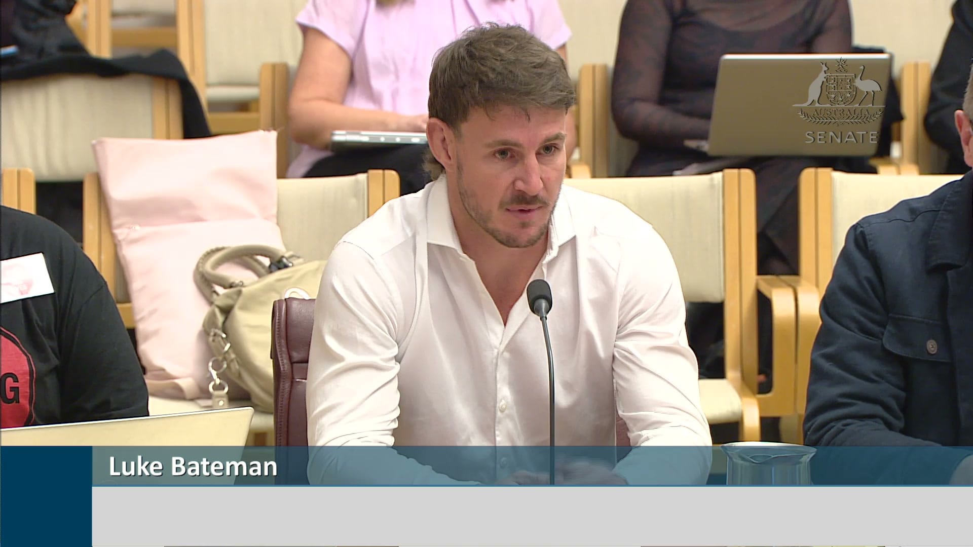 Luke Bateman giving evidence at the Senate hearing on 3 August
