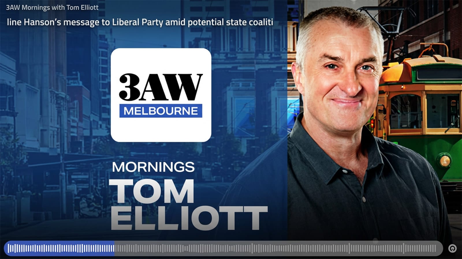 3AW Mornings promotional artwork showing host Tom Elliott and a Melbourne tram