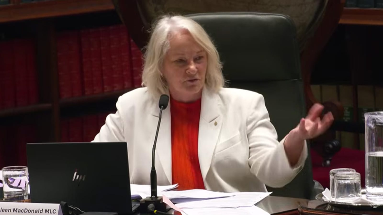 Liberal MLC Aileen MacDonald questioning officials at a parliamentary committee hearing