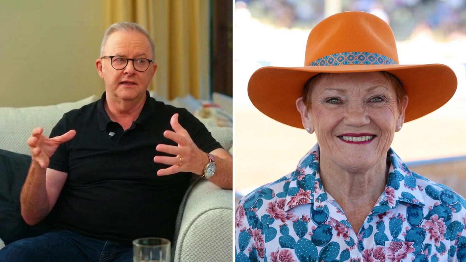 Split image of Anthony Albanese speaking and Pauline Hanson in orange hat