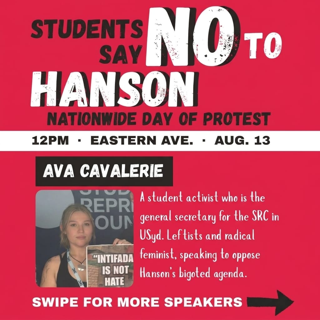 Protest speaker card for Ava Cavalerie holding a placard in the photograph