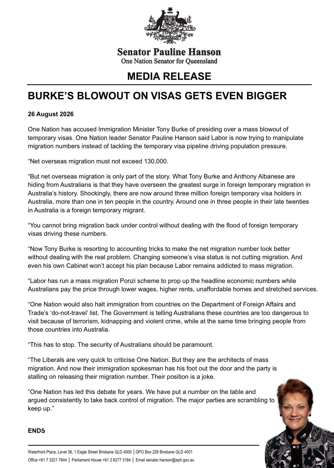 Pauline Hanson media release accusing Tony Burke of a visa blowout