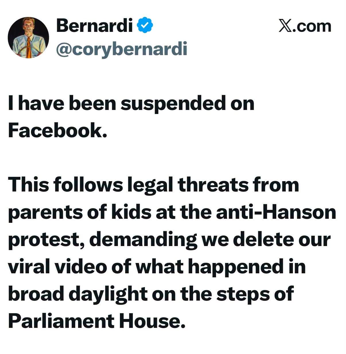 Screenshot of Cory Bernardi's X post saying he has been suspended on Facebook