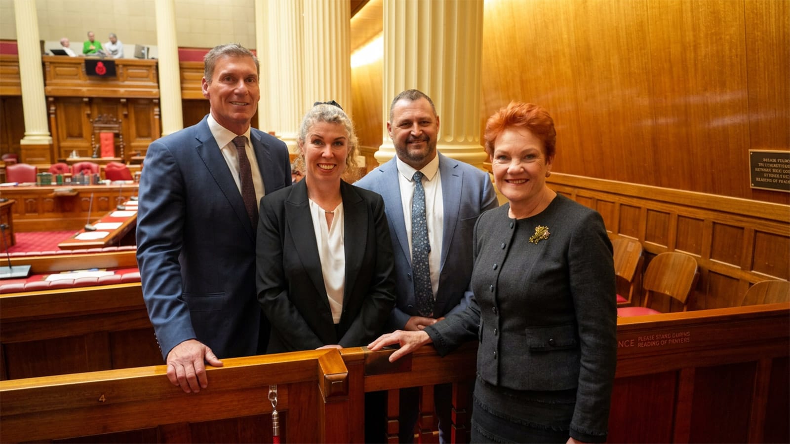 Cory Bernardi and Pauline Hanson with One Nation colleagues inside parliament.